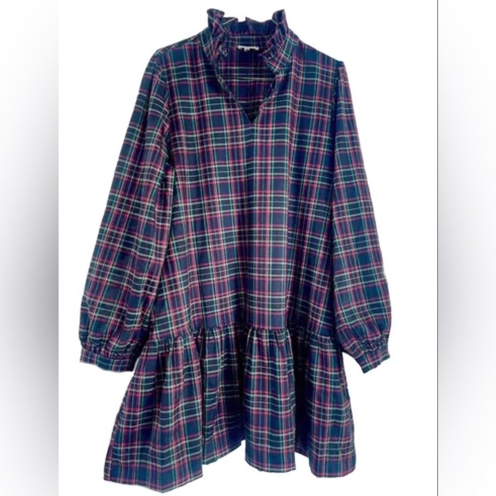 Highland Tartan Plaid Ruffle High Collar Dress Sz Large POCKETS Puff Sleeves - Picture 4 of 5
